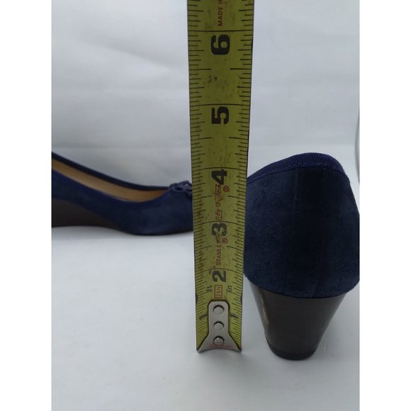 Tory Burch Blue Leather Suede Chelsea Wedge Heels Bow Logo Round Toe 7M - Picture 15 of 15